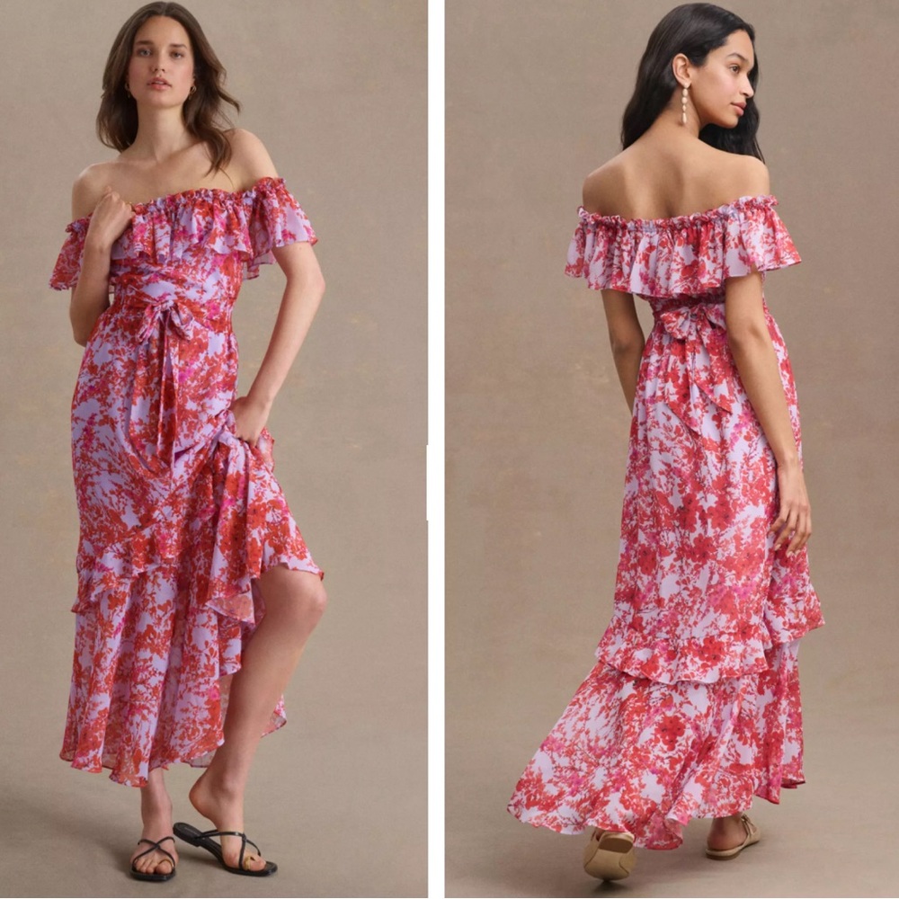 Sachin & Babi Riley Ruffled Off-Shoulder Chiffon Gown